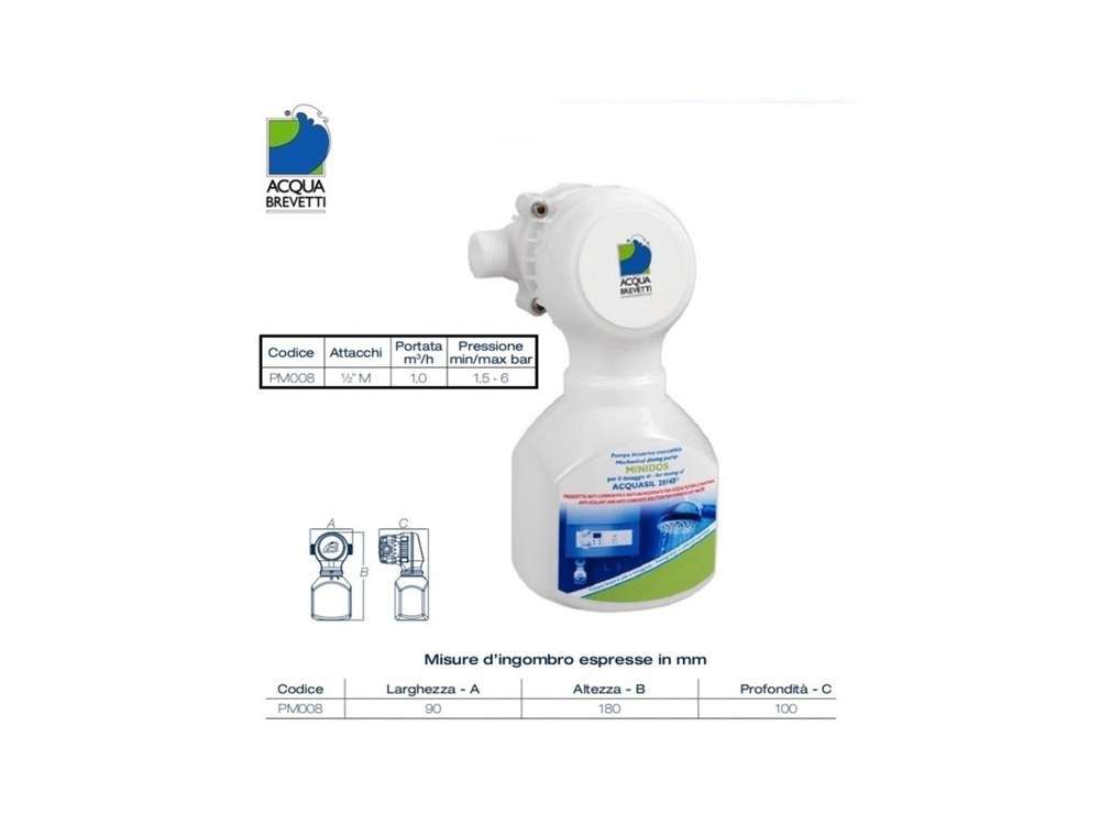 Acquabrevetti Minidos da 1/2 PM008 Pompa dosatrice volumetrica meccanica proporzionale per il dosaggio di AcquaSIL 20/40